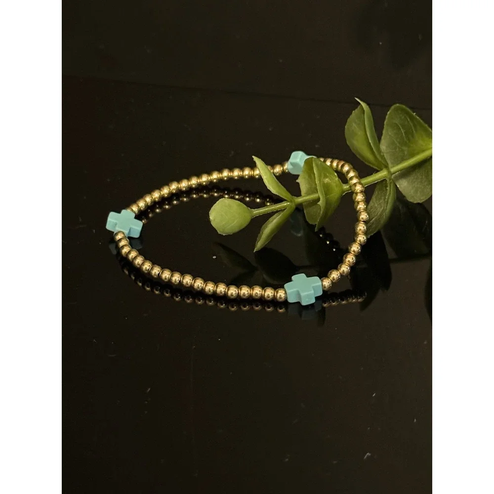 Enewton Gold Filled Beaded Bracelet Turquoise Cross Stretch Stackable 6 Inch